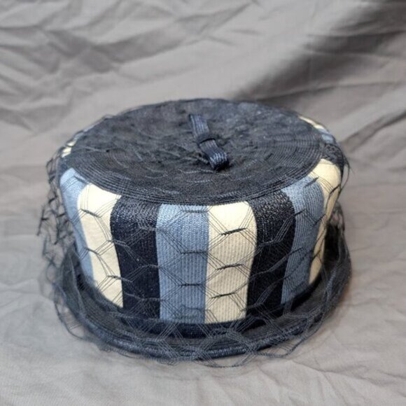 Vintage Jerry Yates 50's 60's Striped Blue Mesh Draped bucket Hat - Picture 5 of 8